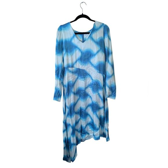 Cecilie Copenhagen Gillian Watercolor Blue White Satin Asymmetric Dress Size L - Picture 1 of 9
